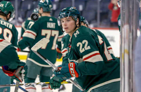 WINNIPEG, MB – FEBRUARY 26: Kevin Fiala #22 of the Minnesota Wild takes part in the pre-game warm-up before NHL action against the Winnipeg Jets at the Bell MTS Place on February 26, 2019, in Winnipeg, Manitoba, Canada. (Photo by Darcy Finley/NHLI via Getty Images)