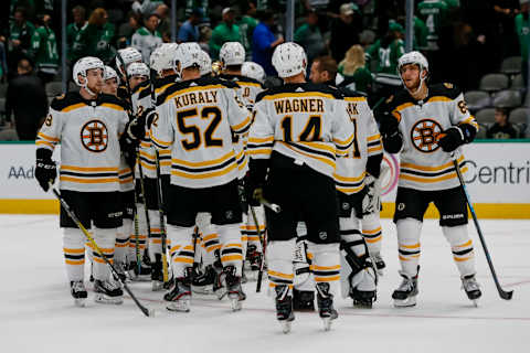 DALLAS, TX – OCTOBER 03: The Boston Bruins celebrate a victory after winning the game between the Dallas Stars and the Boston Bruins on October 03, 2019 at American Airlines Center in Dallas, Texas. (Photo by Matthew Pearce/Icon Sportswire via Getty Images)