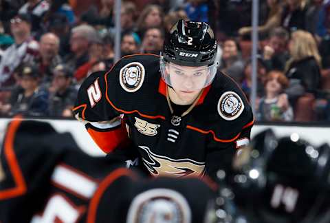 ANAHEIM, CA – MARCH 3: Brendan Guhle #2 of the Anaheim Ducks waits for a face-off during the third period of the game against the Colorado Avalanche at Honda Center on March 3, 2019 in Anaheim, California. (Photo by Foster Snell/NHLI via Getty Images)