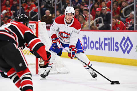 CHICAGO, ILLINOIS – NOVEMBER 25: Sean Monahan #91 of the Montreal Canadiens skates against the Chicago Blackhawks on November 25, 2022 at United Center in Chicago, Illinois. (Photo by Jamie Sabau/Getty Images)