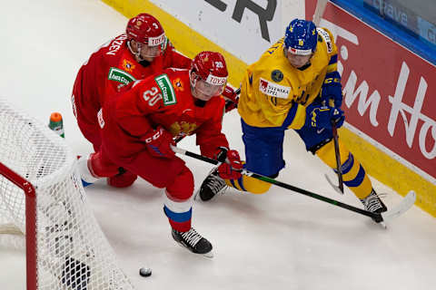 Alexander Holtz #10 of Sweden. (Photo by Codie McLachlan/Getty Images)