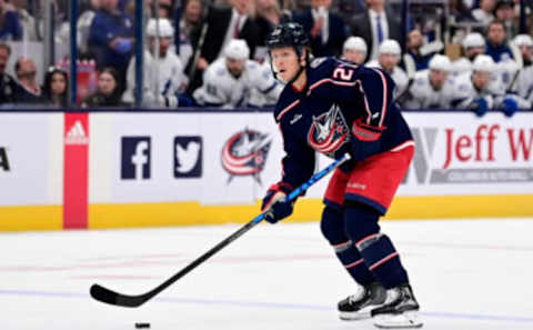 COLUMBUS, OHIO – OCTOBER 14: Adam Boqvist #27 of the Columbus Blue Jackets controls the puck during the second period against the Tampa Bay Lightning at Nationwide Arena on October 14, 2022 in Columbus, Ohio. (Photo by Emilee Chinn/Getty Images)