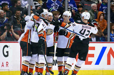 VANCOUVER, BC – MARCH 26: Sam Steel #34 of the Anaheim Ducks is congratulated by teammates after scoring during their NHL game against the Vancouver Canucks at Rogers Arena March 26, 2019 in Vancouver, British Columbia, Canada. Anaheim won 5-4. (Photo by Jeff Vinnick/NHLI via Getty Images)