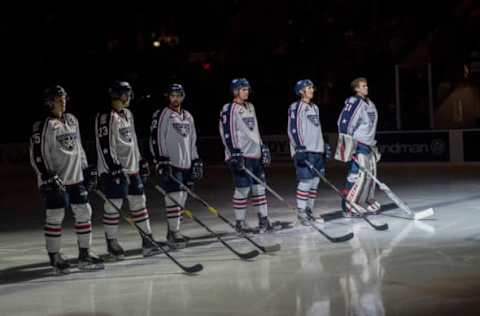 KELOWNA, BC – OCTOBER 13: Kyle Olson #25, Isaac Johnson #23, Nolan Yaremko #22, Dom Schmiemann #3, Roman Kalinichenko #4 and Talyn Boyko #31 of the Tri-City Americans line up on the blue line against the Kelowna Rockets at Prospera Place on October 13, 2018 in Kelowna, Canada. (Photo by Marissa Baecker/Getty Images)