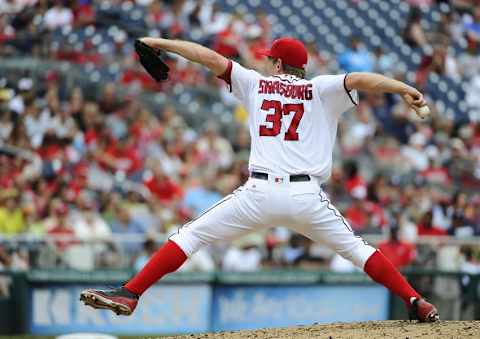 Jul 3, 2016; Washington, DC, USA; Washington Nationals starting pitcher Stephen Strasburg (37) throws to the Cincinnati Reds during the fifth inning at Nationals Park. Mandatory Credit: Brad Mills-USA TODAY Sports