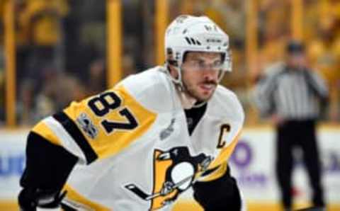 Jun 11, 2017; Nashville, TN, USA; Pittsburgh Penguins center Sidney Crosby (87) during the first period in game six of the 2017 Stanley Cup Final against the Nashville Predators at Bridgestone Arena. Mandatory Credit: Christopher Hanewinckel-USA TODAY Sports