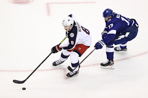 Zach Werenski #8 of the Columbus Blue Jackets. (Photo by Elsa/Getty Images)