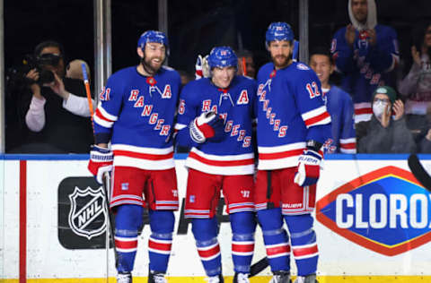 NEW YORK, NEW YORK – APRIL 27: Ryan Strome #16 of the New York Rangers (C) celebrates his goal against the Montreal Canadiens along with Barclay Goodrow #21 (L) and Patrik Nemeth #12 (R) at Madison Square Garden on April 27, 2022, in New York City The Canadiens defeated the Rangers 4-3. (Photo by Bruce Bennett/Getty Images)