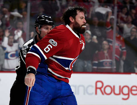 Apr 14, 2017; Montreal, Quebec, CAN; linesman Mark Shewchyk (92) escorts Montreal Canadiens defenseman Shea Weber (6) to the penalty box during the second period in game two of the first round of the 2017 Stanley Cup Playoffs against the New York Rangers at the Bell Centre. Mandatory Credit: Eric Bolte-USA TODAY Sports