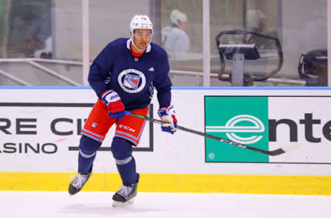 NEW YORK, NY – JUNE 29: New York Rangers Defenseman K’Andre Miller (79) skates during New York Rangers Prospect Development Camp on June 29, 2018 at the MSG Training Center in New York, NY. (Photo by Rich Graessle/Icon Sportswire via Getty Images)