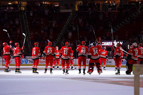 Carolina Hurricanes players. Mandatory Credit: James Guillory-USA TODAY Sports