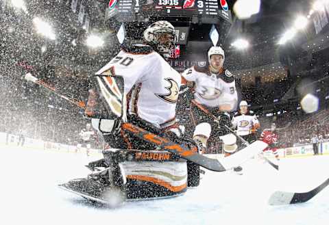 Ryan Miller #30 and Sam Steel #34 of the Anaheim Ducks (Photo by Bruce Bennett/Getty Images)