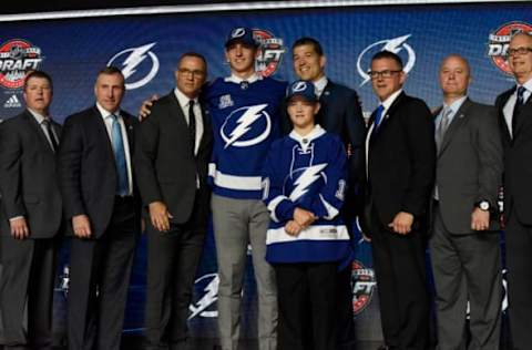 June 23, 2017; Chicago, IL, USA; Cal Foote poses for photos after being selected as the number fourteen overall pick to the Tampa Bay Lightning in the first round of the 2017 NHL Draft at the United Center. Mandatory Credit: David Banks-USA TODAY Sports