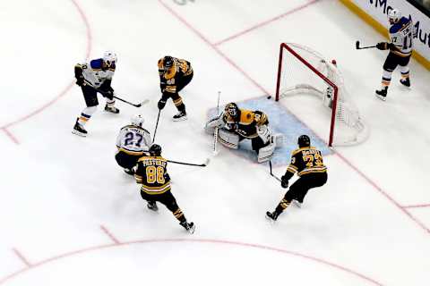 BOSTON, MASSACHUSETTS – JUNE 12: Alex Pietrangelo #27 of the St. Louis Blues scores a first period goal past Tuukka Rask #40 of the Boston Bruins in Game Seven of the 2019 NHL Stanley Cup Final at TD Garden on June 12, 2019 in Boston, Massachusetts. (Photo by Adam Glanzman/Getty Images)