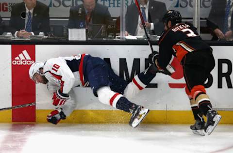 ANAHEIM, CA – MARCH 06: Kevin Bieksa #3 of the Anaheim Ducks checks Brett Connolly #10. (Photo by Sean M. Haffey/Getty Images)