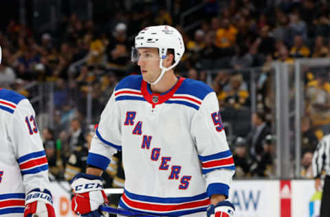 BOSTON, MASSACHUSETTS – SEPTEMBER 24: Will Cuylle #50 of the New York Rangers looks on during the first period of a preseason game against the Boston Bruins at the TD Garden on September 24, 2023, in Boston, Massachusetts. The Bruins won 3-0. (Photo by Richard T Gagnon/Getty Images)