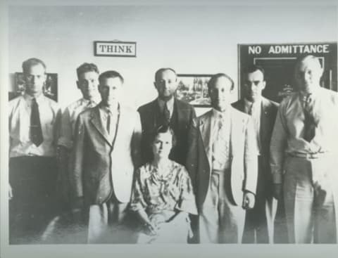 The U.S. Army Signal Intelligence Service, which used the Beale ciphers as a training exercise, in front of their vault in 1935. At center is William F. Friedman (standing, dark suit). Frank Rowlett stands at the far right.