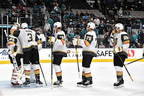 SAN JOSE, CA – OCTOBER 04: The Vegas Golden Knights celebrate the win against the San Jose Sharks at SAP Center on October 4, 2019 in San Jose, California. (Photo by Brandon Magnus/NHLI via Getty Images)