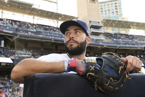 SAN DIEGO, CA – AUGUST 11: Eric Hossmer #30 of the San Diego Padres waits for the start of the game against the Philadelphia Phillies at PETCO Park on August 11, 2018 in San Diego, California. (Photo by Andy Hayt/San Diego Padres/Getty Images)