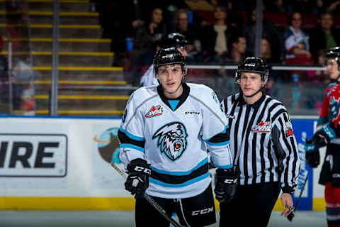 KELOWNA, CANADA – DECEMBER 2: Peyton Krebs #19 of the Kootenay Ice skates to the bench against the Kelowna Rockets on December 2, 2017, at Prospera Place in Kelowna, British Columbia, Canada. (Photo by Marissa Baecker/Getty Images) *** Local Caption ***