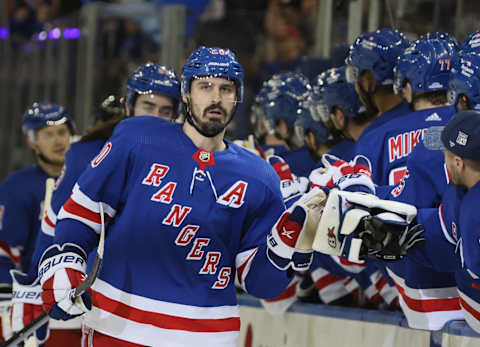 NEW YORK, NEW YORK – APRIL 29: Chris Kreider #20 of the New York Rangers celebrates his first-period goal against the New Jersey Devils in Game Six of the First Round of the 2023 Stanley Cup Playoffs at Madison Square Garden on April 29, 2023, in New York, New York. (Photo by Bruce Bennett/Getty Images)