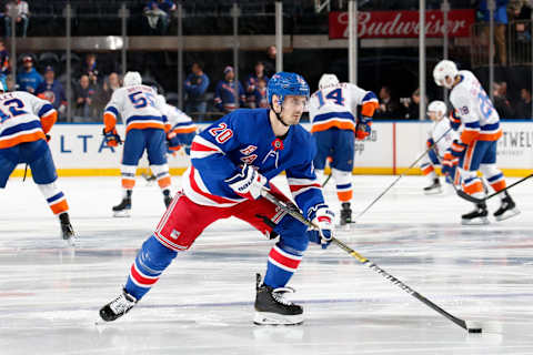 NEW YORK, NY – JANUARY 21: Chris Kreider #20 of the New York Rangers skates during warmups prior to the game against the New York Islanders at Madison Square Garden on January 21, 2020 in New York City. (Photo by Jared Silber/NHLI via Getty Images)