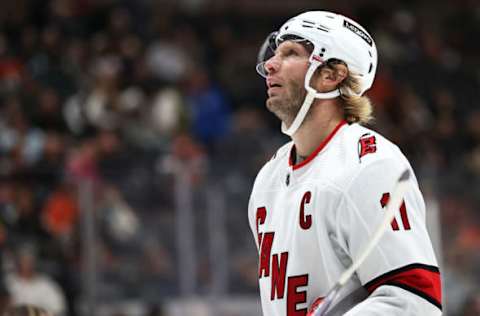 ANAHEIM, CALIFORNIA – NOVEMBER 18: Jordan Staal #11 of the Carolina Hurricanes looks on during the third period of a game against the Anaheim Ducks at Honda Center on November 18, 2021, in Anaheim, California. (Photo by Sean M. Haffey/Getty Images)