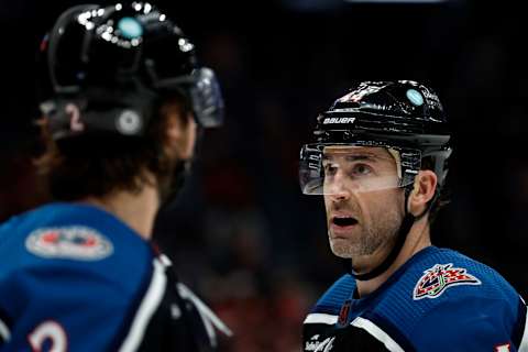 COLUMBUS, OH – DECEMBER 04: Erik Gudbranson #44 of the Columbus Blue Jackets talks with Andrew Peeke #2 during the game against the Detroit Red Wings at Nationwide Arena on December 4, 2022 in Columbus, Ohio. Detroit defeated Columbus 4-2. (Photo by Kirk Irwin/Getty Images)