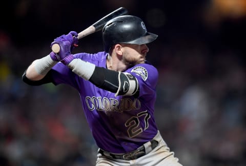 SAN FRANCISCO, CA – SEPTEMBER 14: Trevor Story #27 of the Colorado Rockies bats against the San Francisco Giants in the top of the fourth inning at AT&T Park on September 14, 2018 in San Francisco, California. (Photo by Thearon W. Henderson/Getty Images)