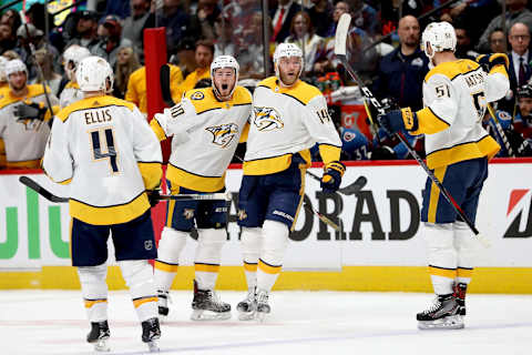 DENVER, CO – APRIL 22: Ryan Ellis #4, Colton Sissons #10, Mattias Ekholm #14 and Austin Wilson #51 of the Nashville Predators celebrate a goal against the Colorado Avalanche in Game Six of the Western Conference First Round during the 2018 NHL Stanley Cup Playoffs at the Pepsi Center on April 22, 2018 in Denver, Colorado. (Photo by Matthew Stockman/Getty Images)