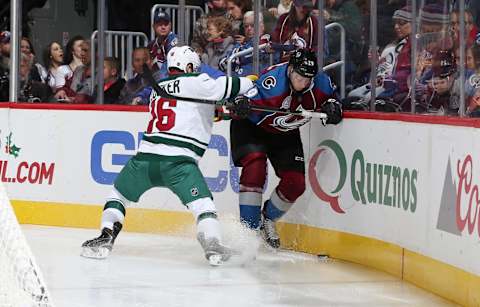 DENVER, CO – DECEMBER 7: Jason Zucker #16 of the Minnesota Wild fights for position against Nathan MacKinnon #29 of the Colorado Avalanche at the Pepsi Center on December 7, 2015 in Denver, Colorado. (Photo by Michael Martin/NHLI via Getty Images)