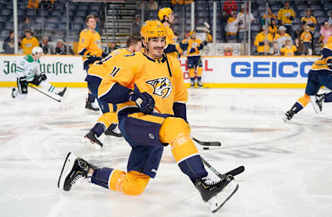 NASHVILLE, TN – FEBRUARY 7: Brian Boyle #11 of the Nashville Predators skates in warm-ups prior to the game against the Dallas Stars at Bridgestone Arena on February 7, 2019 in Nashville, Tennessee. (Photo by John Russell/NHLI via Getty Images)