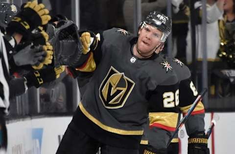 LAS VEGAS, NV – APRIL 14: Paul Stastny #26 of the Vegas Golden Knights celebrates with teammates after scoring a goal during the second period against the San Jose Sharks in Game Three of the Western Conference First Round during the 2019 NHL Stanley Cup Playoffs at T-Mobile Arena on April 14, 2019 in Las Vegas, Nevada. (Photo by David Becker/NHLI via Getty Images)