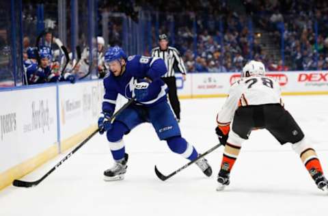 TAMPA, FL – NOVEMBER 27: Tampa Bay Lightning defenseman Erik Cernak (81) is defended by Anaheim Ducks defenseman Marcus Pettersson (28) in the second period of the regular season NHL game between the Anaheim Ducks and Tampa Bay Lightning on November 27, 2018 at Amalie Arena in Tampa, FL. (Photo by Mark LoMoglio/Icon Sportswire via Getty Images)