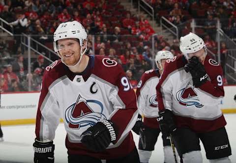 NEWARK, NEW JERSEY – OCTOBER 18: Gabriel Landeskog #92 of the Colorado Avalanche celebrates his hat trick goal at 16:38 of the third period against the New Jersey Devils at the Prudential Center on October 18, 2018 in Newark, New Jersey. The Avalanche defeated the Devils 5-3. (Photo by Bruce Bennett/Getty Images)