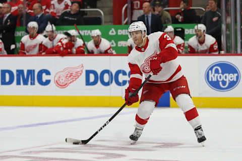 DETROIT, MI – OCTOBER 22: Detroit Red Wings defenseman Nick Jensen (3) skates with the puck during a regular season NHL hockey game between the Carolina Hurricanes and the Detroit Red Wings on October 22, 2018, at Little Caesars Arena in Detroit, Michigan. (Photo by Scott Grau/Icon Sportswire via Getty Images)