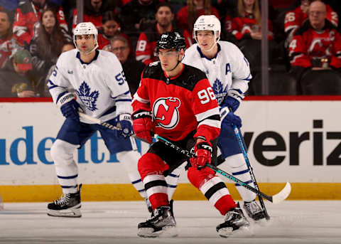 Timo Meier #96 of the New Jersey Devils skates during the first period against the Toronto Maple Leafs at Prudential Center on March 07, 2023 in Newark, New Jersey. (Photo by Elsa/Getty Images)