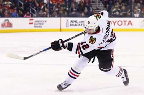 Apr 9, 2016; Columbus, OH, USA; Chicago Blackhawks left wing Tomas Fleischmann (12) against the Columbus Blue Jackets at Nationwide Arena. The Blue Jackets won 5-4 in overtime. Mandatory Credit: Aaron Doster-USA TODAY Sports