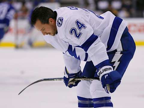 Apr 4, 2019; Toronto, Ontario, CAN; Tampa Bay Lightning forward Ryan Callahan (24) during warm up against the Toronto Maple Leafs at Scotiabank Arena. Mandatory Credit: John E. Sokolowski-USA TODAY Sports