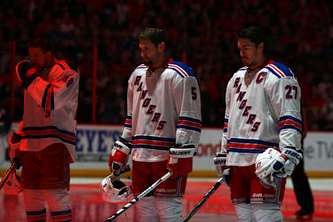 OTTAWA, ON – APRIL 29: New York Rangers Defenceman Ryan McDonagh (27) New York Rangers Defenceman Dan Girardi (5) and New York Rangers Left Wing Michael Grabner (40) during the Canadian national anthem before the start of game 2 of the second round of the 2017 NHL Stanley Cup Playoffs between the New York Rangers and Ottawa Senators on April 29, 2017, at Canadian Tire Centre in Ottawa, On.(Photo by Jason Kopinski/Icon Sportswire via Getty Images)