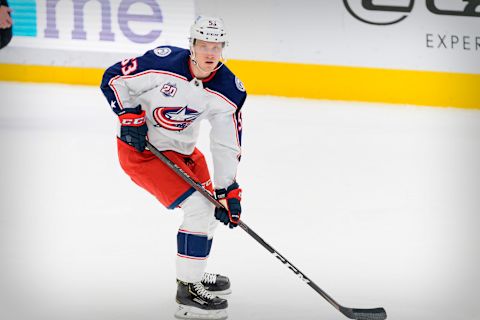 Mar 6, 2021; Dallas, Texas, USA; Columbus Blue Jackets defenseman Gabriel Carlsson (53) in action during the game between the Dallas Stars and the Columbus Blue Jackets at the American Airlines Center. Mandatory Credit: Jerome Miron-USA TODAY Sports