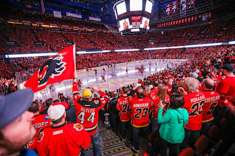 Apr 17, 2017; Calgary, Alberta, CAN; General view of the fans prior to the game between the Calgary Flames and the Anaheim Ducks in game three of the first round of the 2017 Stanley Cup Playoffs at Scotiabank Saddledome. Mandatory Credit: Sergei Belski-USA TODAY Sports