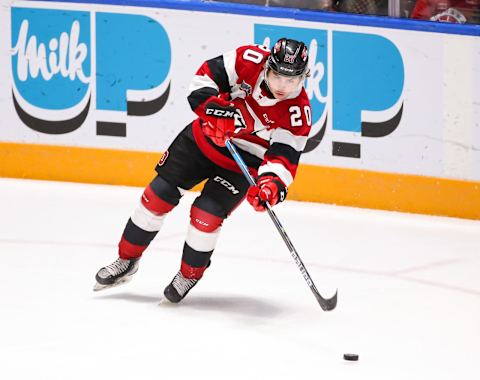 OSHAWA, ONTARIO – OCTOBER 24: Luca Pinelli #20 of the Ottawa 67s skates against the Oshawa Generals at Tribute Communities Centre on October 24, 2021 in Oshawa, Ontario. (Photo by Chris Tanouye/Getty Images)