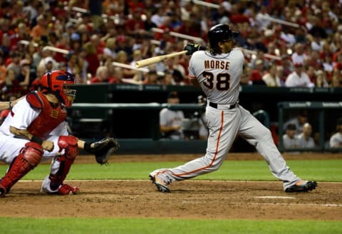 San Francisco Giants first baseman Michael Morse (38) hits a two run double off of St. Louis Cardinals relief pitcher Trevor Rosenthal (not pictured) during the eighth inning at Busch Stadium. Mandatory Credit: Jeff Curry-USA TODAY Sports. MLB.