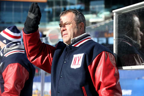 QUEENS, NY – JANUARY 01: Head coach Alain Vigneault of the New York Rangers looks on from the bench against the Buffalo Sabres during the 2018 Bridgestone NHL Winter Classic at Citi Field on January 1, 2018 in Queens, NY. The New York Rangers won 3-2 in overtime. (Photo by Jared Silber/NHLI via Getty Images)