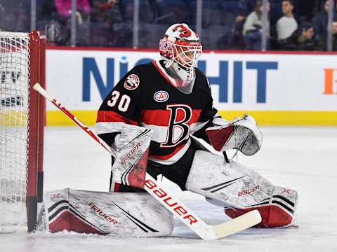 LAVAL, QC – DECEMBER 12: Goaltender Filip Gustavsson #30 of the Belleville Senators protects his net during the warm-up prior to the AHL game against the Laval Rocket at Place Bell on December 12, 2018 in Laval, Quebec, Canada. The Laval Rocket defeated the Belleville Senators 3-1. (Photo by Minas Panagiotakis/Getty Images)