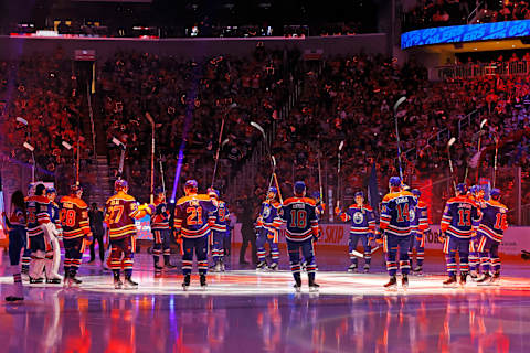 Oct 14, 2023; Edmonton, Alberta, CAN; The Edmonton Oilers celebrate the start of the 2023-24 season with a salute to their fans at Rogers Place. Mandatory Credit: Perry Nelson-USA TODAY Sports