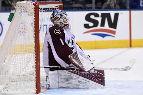 TORONTO, ON – DECEMBER 11: Colorado Avalanche Goalie Semyon Varlamov (1) takes a breather after fighting off two penalties during the regular season NHL game between the Colorado Avalanche and Toronto Maple Leafs on December 11, 2016 at Air Canada Centre in Toronto, ON. (Photo by Gerry Angus/Icon Sportswire via Getty Images)