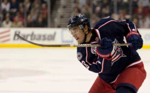 October 20, 2010; Columbus, OH, USA; Columbus Blue Jackets left wing Nikita Filatov (28) fires a shot on goal against Anaheim Ducks at Nationwide Arena. Columbus won the game 3-1. Mandatory Credit: Greg Bartram-USA TODAY Sports