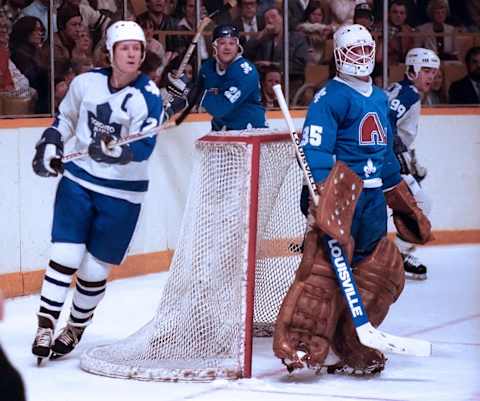 TORONTO, ON – APRIL 4: Darryl Sittler #27 and Wilf Paiement #99 of the Toronto Maple Leafs . (Photo by Graig Abel/Getty Images)